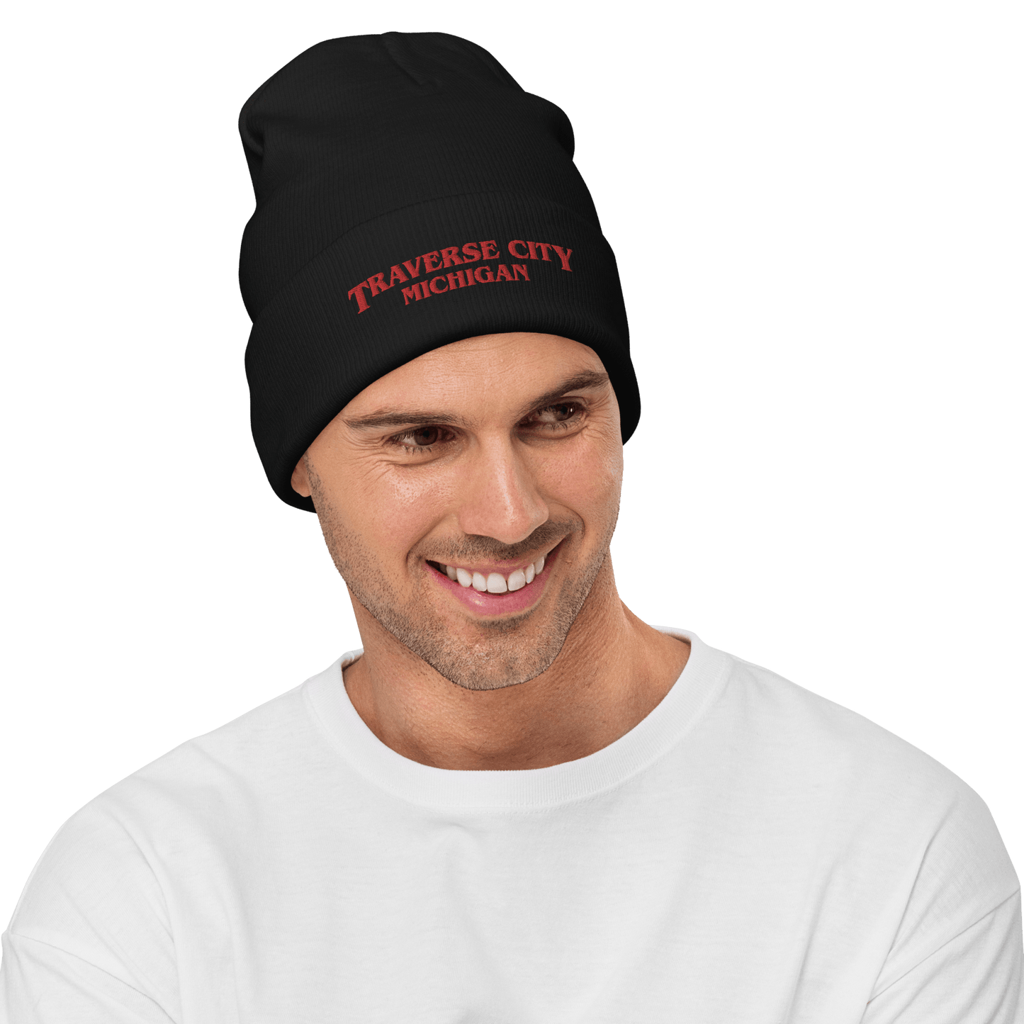 'Traverse City Michigan' Winter Beanie (1980s Drama Parody) | Red/White Embroidery - Circumspice Michigan