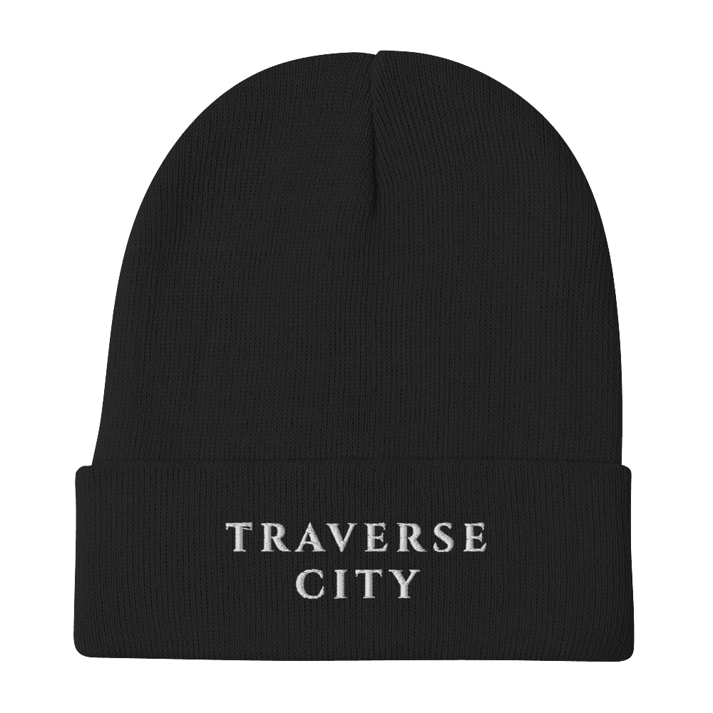 'Traverse City' Winter Beanie (Roman-Style Serif Font) | White Embroidery - Circumspice Michigan