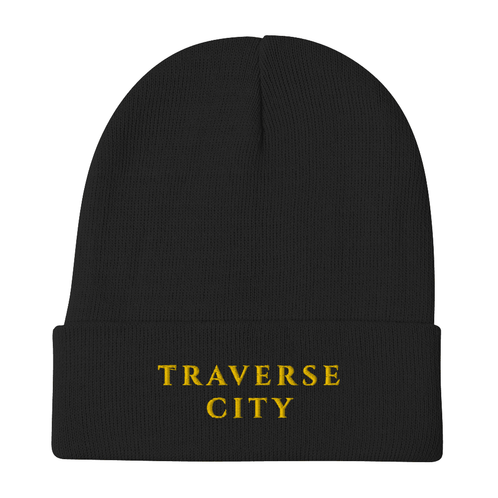 'Traverse City' Winter Beanie (Roman-Style Serif Font) | Gold Embroidery - Circumspice Michigan