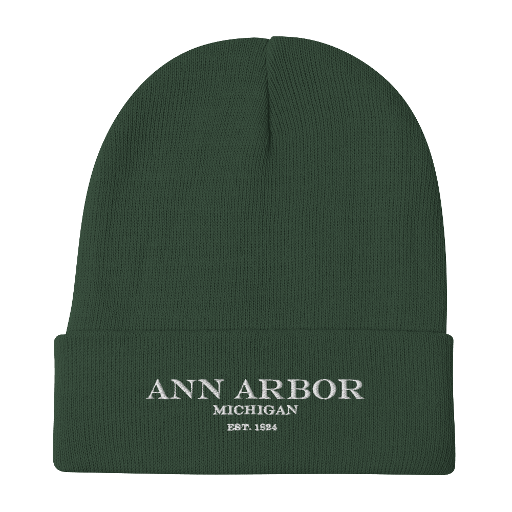 'Ann Arbor Michigan EST 1824' Winter Beanie | White/Black Embroidery - Circumspice Michigan