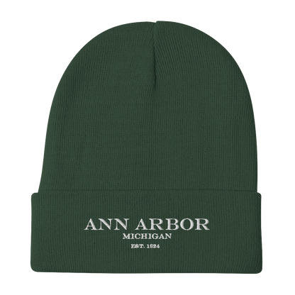 'Ann Arbor Michigan EST 1824' Winter Beanie | White/Black Embroidery - Circumspice Michigan