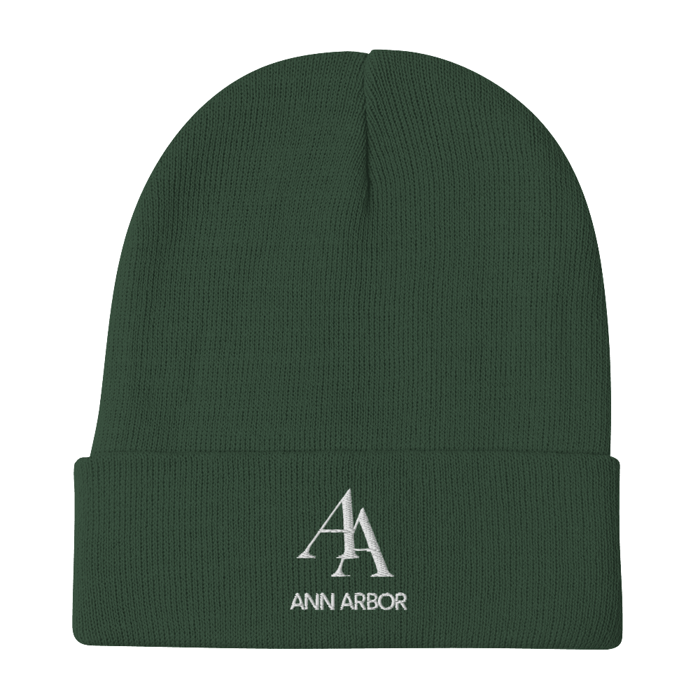 'AA Ann Arbor' Winter Beanie (Luxury Goods Parody) | White/Navy Embroidery - Circumspice Michigan