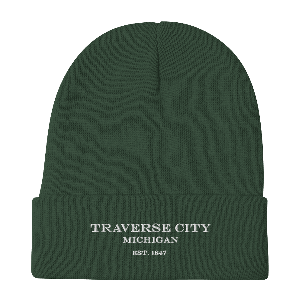 'Traverse City Michigan EST 1847' Winter Beanie | White/Black Embroidery - Circumspice Michigan