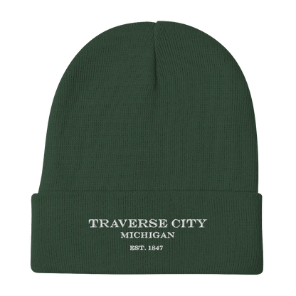 'Traverse City Michigan EST 1847' Winter Beanie | White/Black Embroidery - Circumspice Michigan