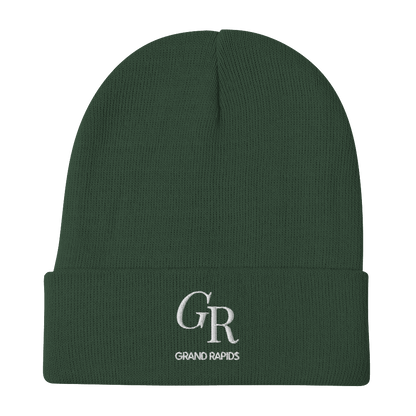 'GR Grand Rapids' Winter Beanie (Luxury Goods Parody) | White/Black Embroidery - Circumspice Michigan