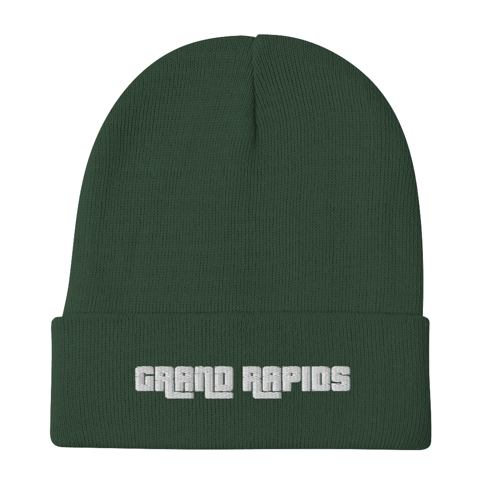 'Grand Rapids' Winter Beanie (1970s Font) | White/Black Embroidery - Circumspice Michigan