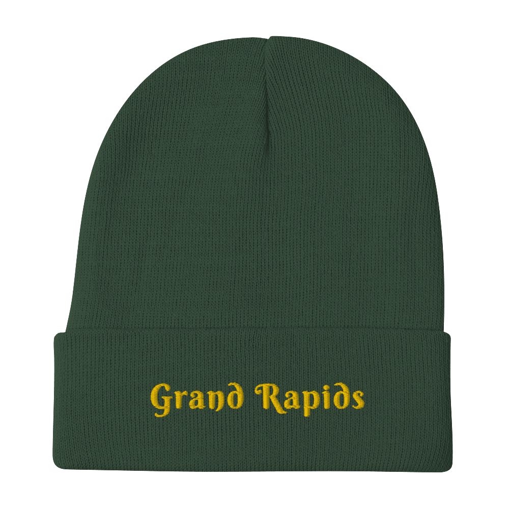 'Grand Rapids' Winter Beanie (Swash Font) | Gold Embroidery - Circumspice Michigan