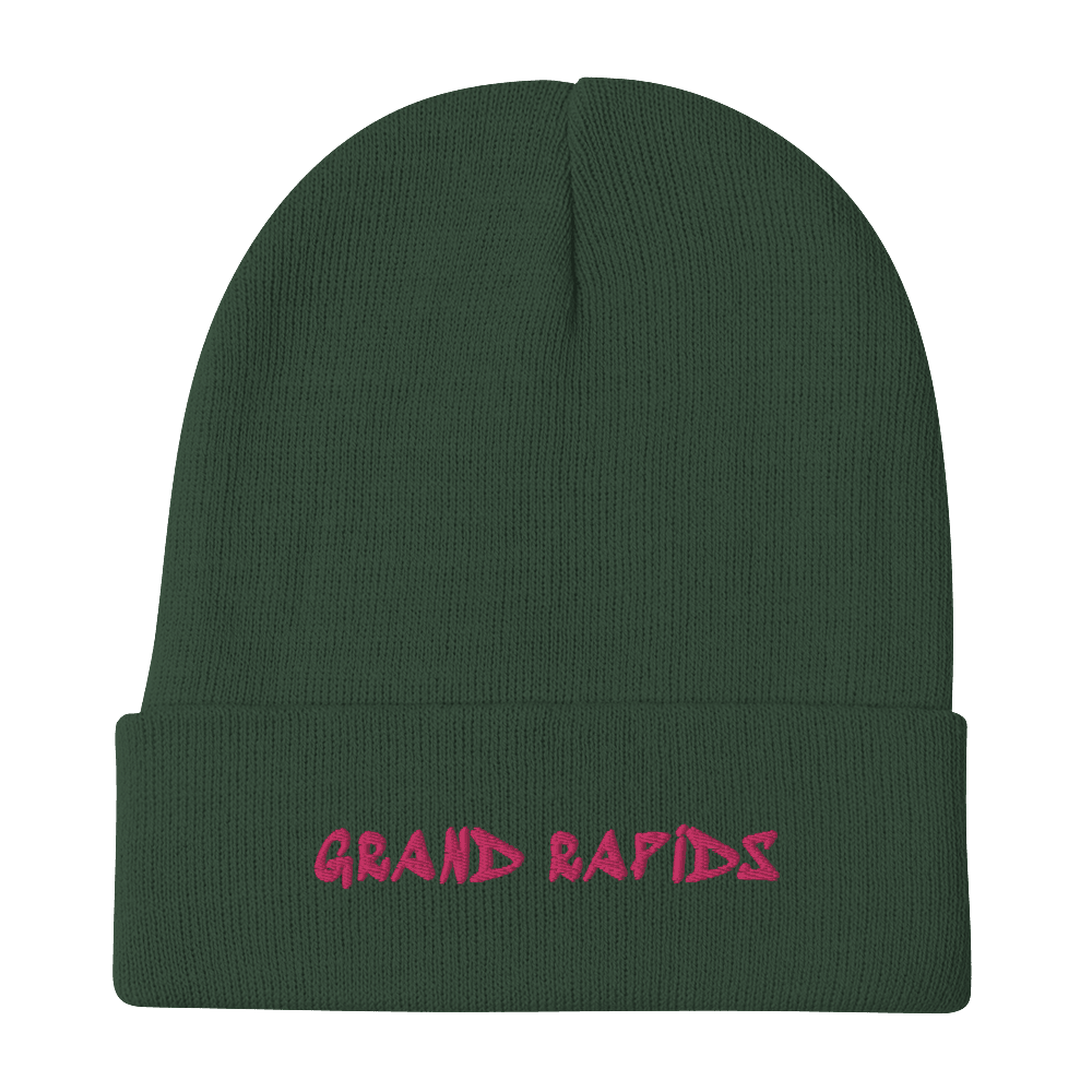 'Grand Rapids' Winter Beanie (1980s Hip Hop Font) | Pink Embroidery - Circumspice Michigan