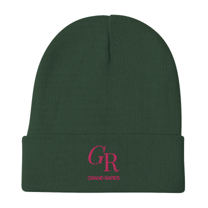 'GR Grand Rapids' Winter Beanie (Luxury Goods Parody) | Pink Embroidery - Circumspice Michigan