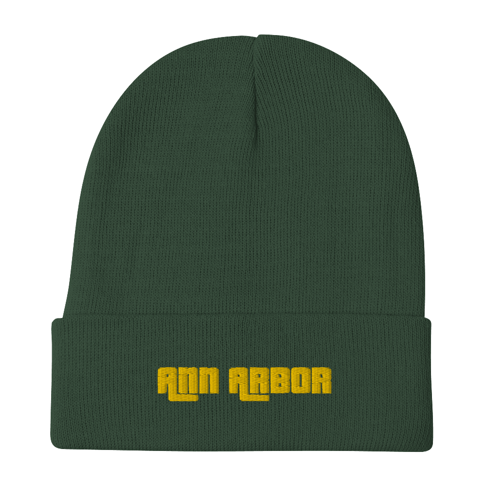 'Ann Arbor' Winter Beanie (1970s Font) | Gold Embroidery - Circumspice Michigan