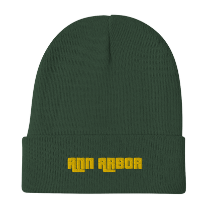 'Ann Arbor' Winter Beanie (1970s Font) | Gold Embroidery - Circumspice Michigan