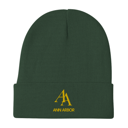 'AA Ann Arbor' Winter Beanie (Luxury Goods Parody) | Gold Embroidery - Circumspice Michigan