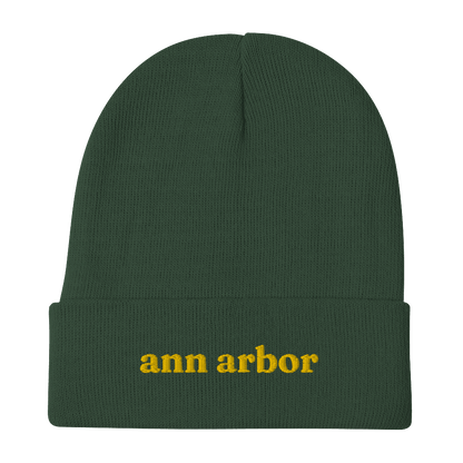 'Ann Arbor' Winter Beanie (Old-Style Serif Font) | Gold Embroidery - Circumspice Michigan