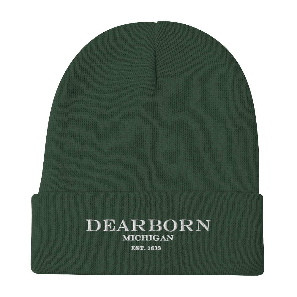 'Dearborn Michigan EST 1833' Winter Beanie | White/Black Embroidery - Circumspice Michigan