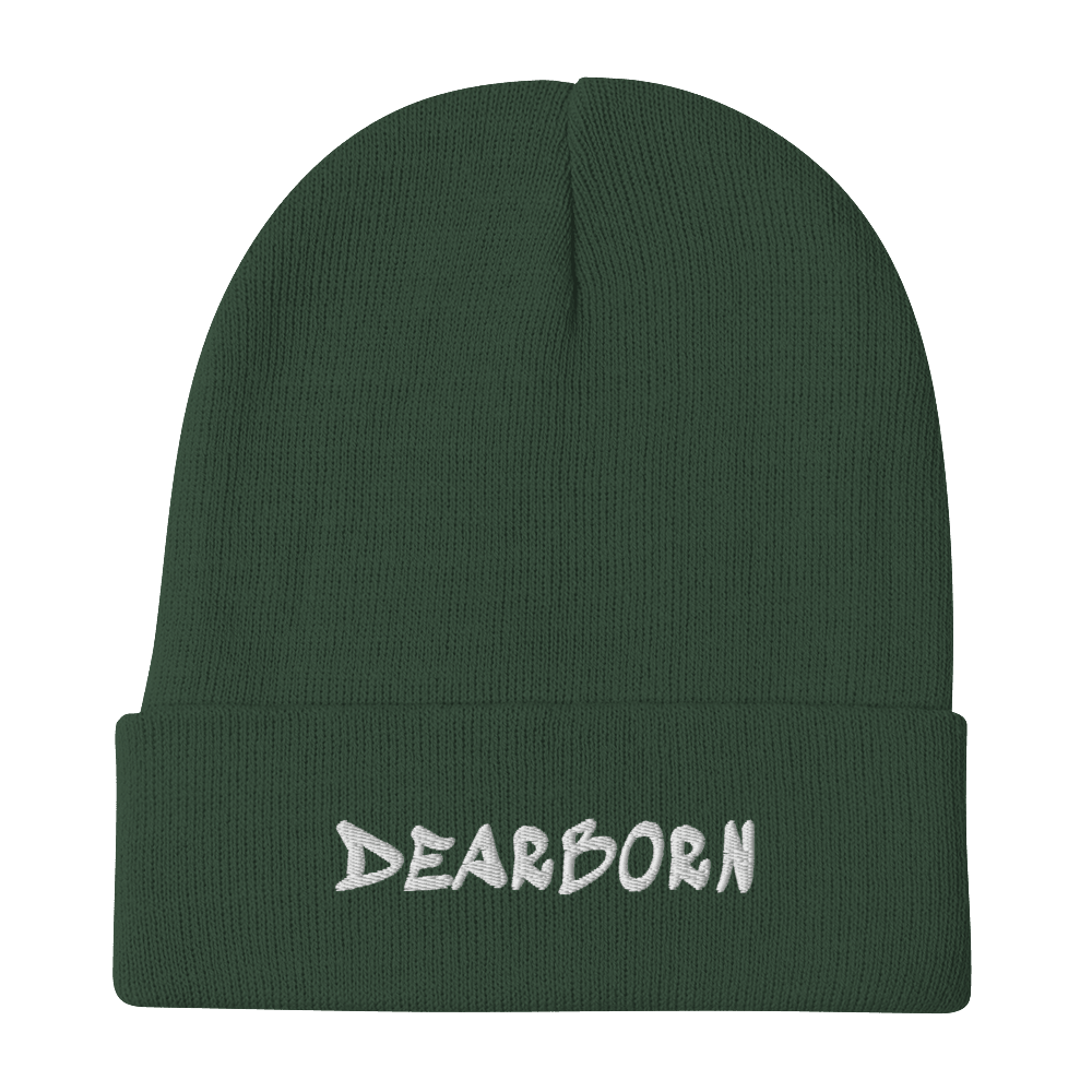 'Dearborn' Winter Beanie (1980's Hip Hop Font) | White/Black Embroidery - Circumspice Michigan