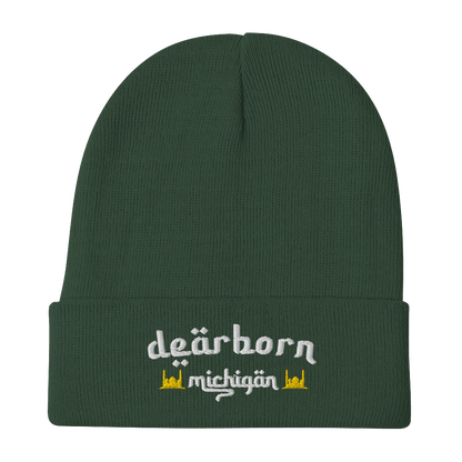 'Dearborn Michigan' Winter Beanie (Arabic-Font w/Mosque Outlines) | White/Black Embroidery - Circumspice Michigan