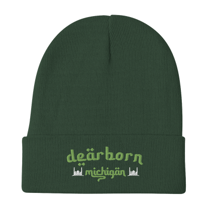 'Dearborn Michigan' Winter Beanie (Arabic Style Font w/Mosques Outlines) | Green Embroidery - Circumspice Michigan