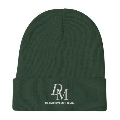 'DM Detroit Michigan' Winter Beanie (Luxury Goods Parody) | White/Black Embroidery - Circumspice Michigan