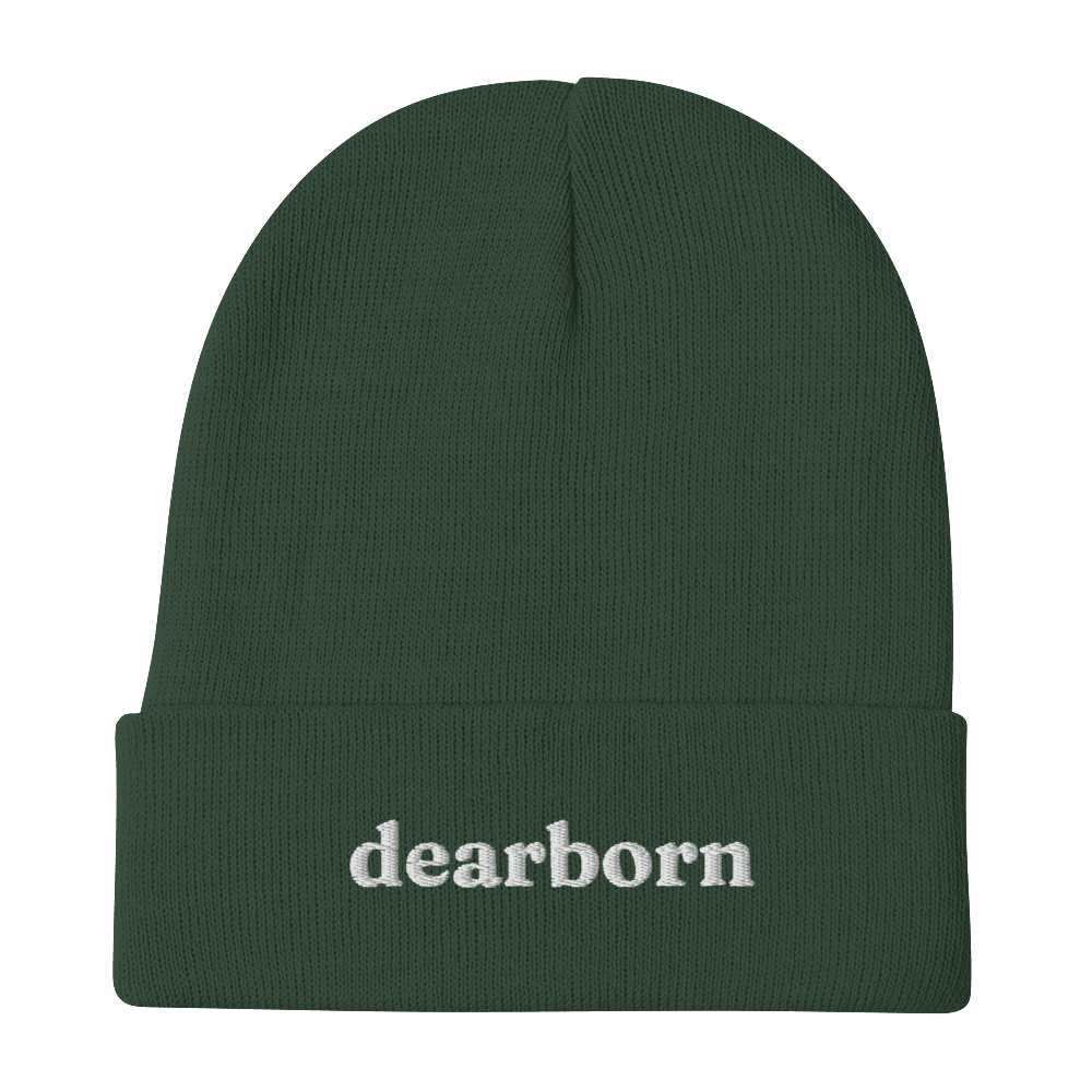 'Dearborn' Winter Beanie (Old-Style Serif Font) | White/Navy Embroidery - Circumspice Michigan