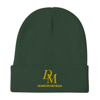 'DM Dearborn Michigan' Winter Beanie (Luxury Goods Parody) | Gold Embroidery - Circumspice Michigan