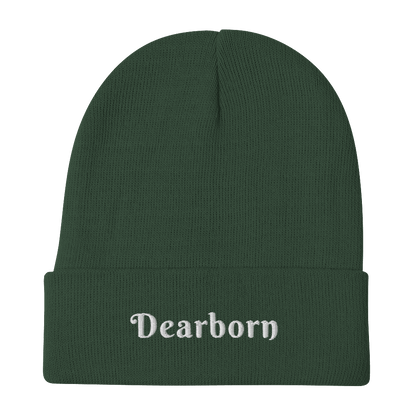 'Dearborn' Winter Beanie (Swash Font) | White/Black Embroidery - Circumspice Michigan