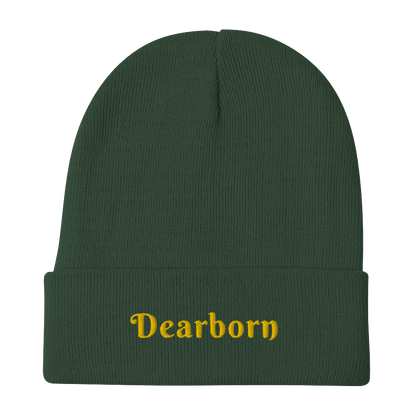 'Dearborn' Winter Beanie (Swash Font) | Gold Embroidery - Circumspice Michigan