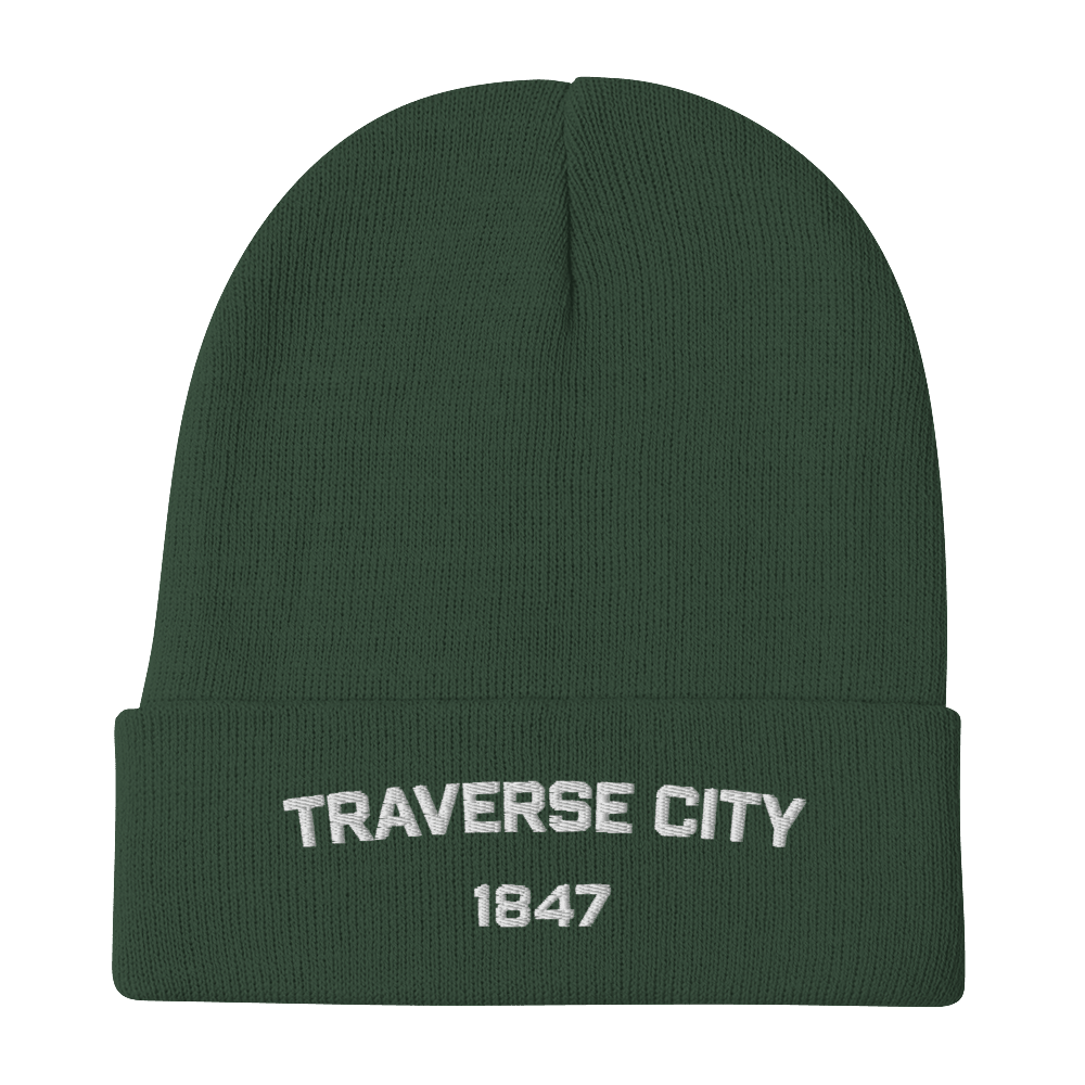 'Traverse City 1847' Winter Beanie | White Embroidery - Circumspice Michigan