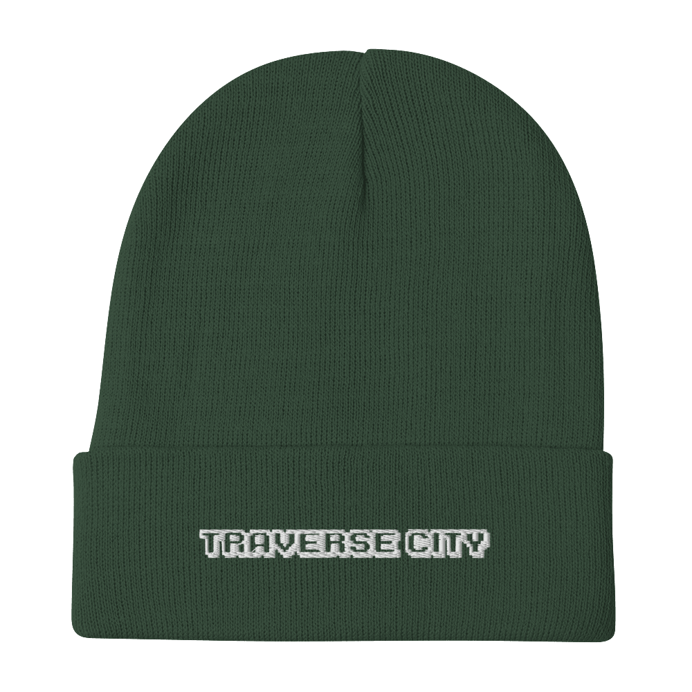 'Traverse City' Winter Beanie (Arcade Font) | White Embroidery - Circumspice Michigan