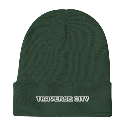 'Traverse City' Winter Beanie (Arcade Font) | White Embroidery - Circumspice Michigan