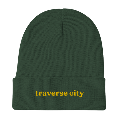 'Traverse City' Winter Beanie (Old-Style Serif Font) | Gold Embroidery - Circumspice Michigan