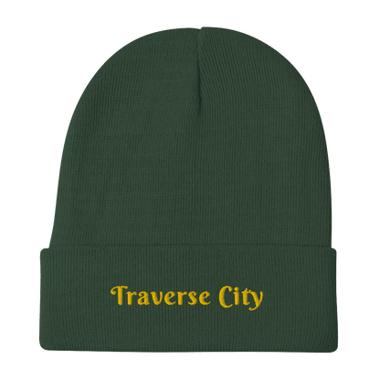 'Traverse City' Winter Beanie (Swash Font) | Gold Embroidery - Circumspice Michigan