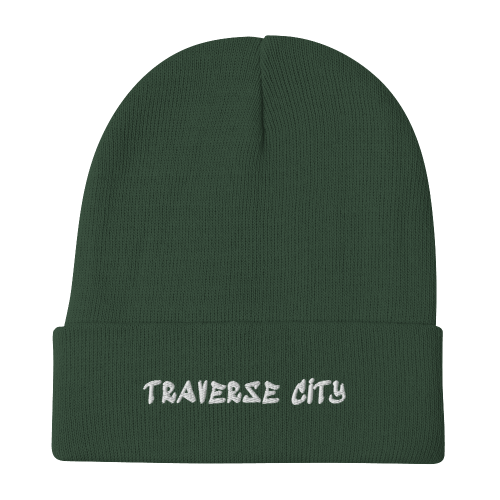 'Traverse City' Winter Beanie (Hip Hop Font) | White/Black Embroidery - Circumspice Michigan