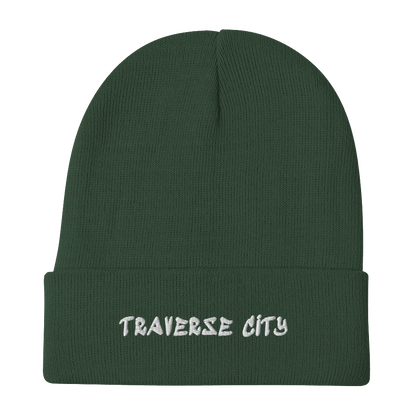 'Traverse City' Winter Beanie (Hip Hop Font) | White/Black Embroidery - Circumspice Michigan