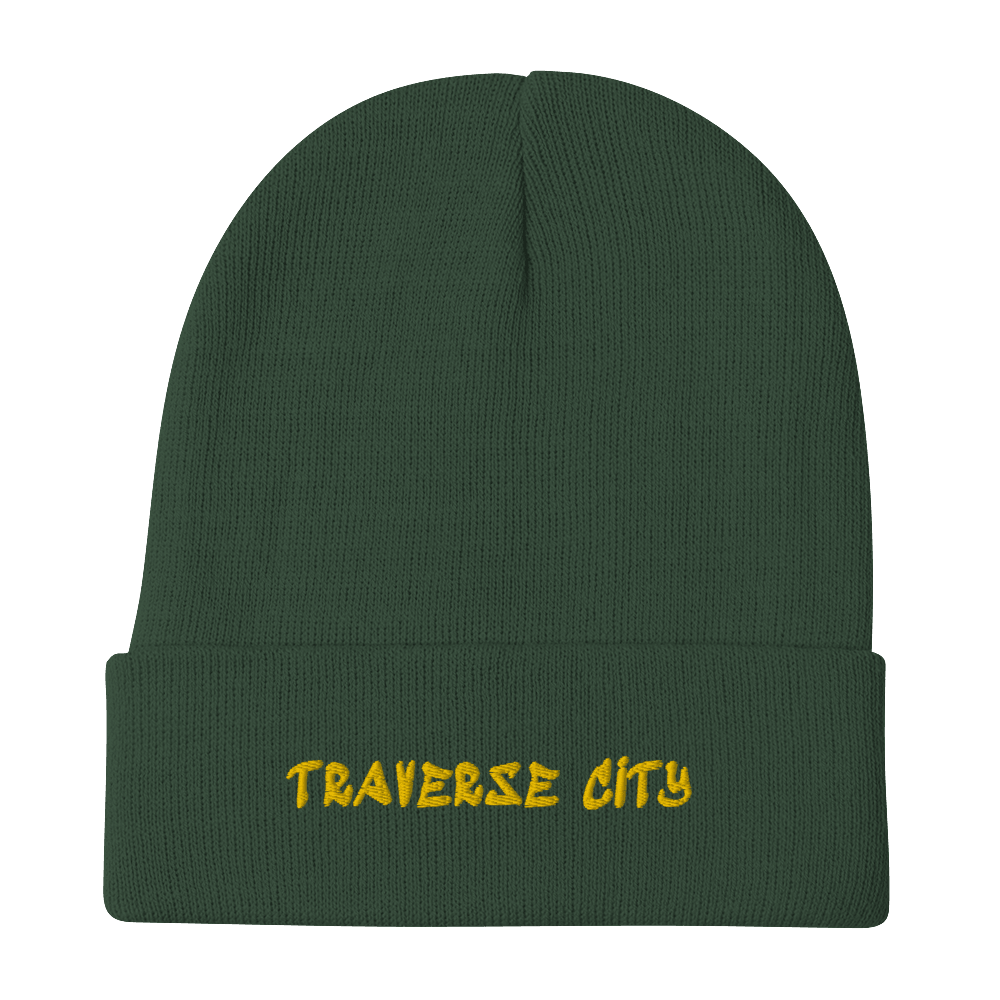 'Traverse City' Winter Beanie (1980s Hip Hop Font) | Gold Embroidery - Circumspice Michigan