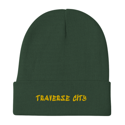 'Traverse City' Winter Beanie (1980s Hip Hop Font) | Gold Embroidery - Circumspice Michigan