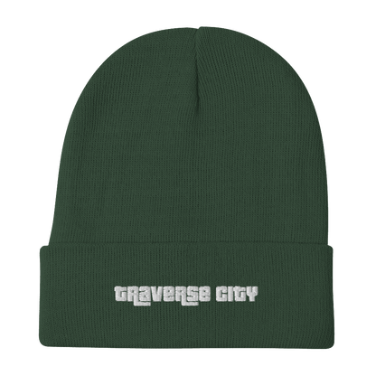 'Traverse City' Winter Beanie (1970s Font) | White/Black Embroidery - Circumspice Michigan