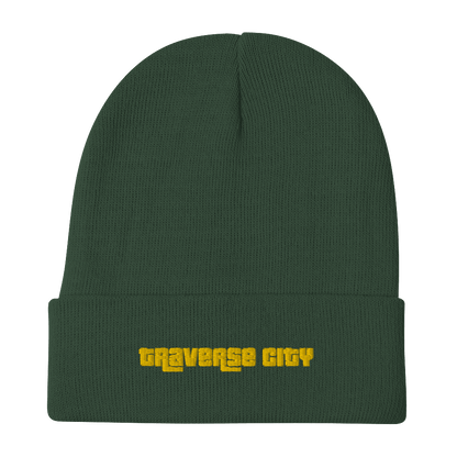 'Traverse City' Winter Beanie (1970's Font) | Gold Embroidery - Circumspice Michigan