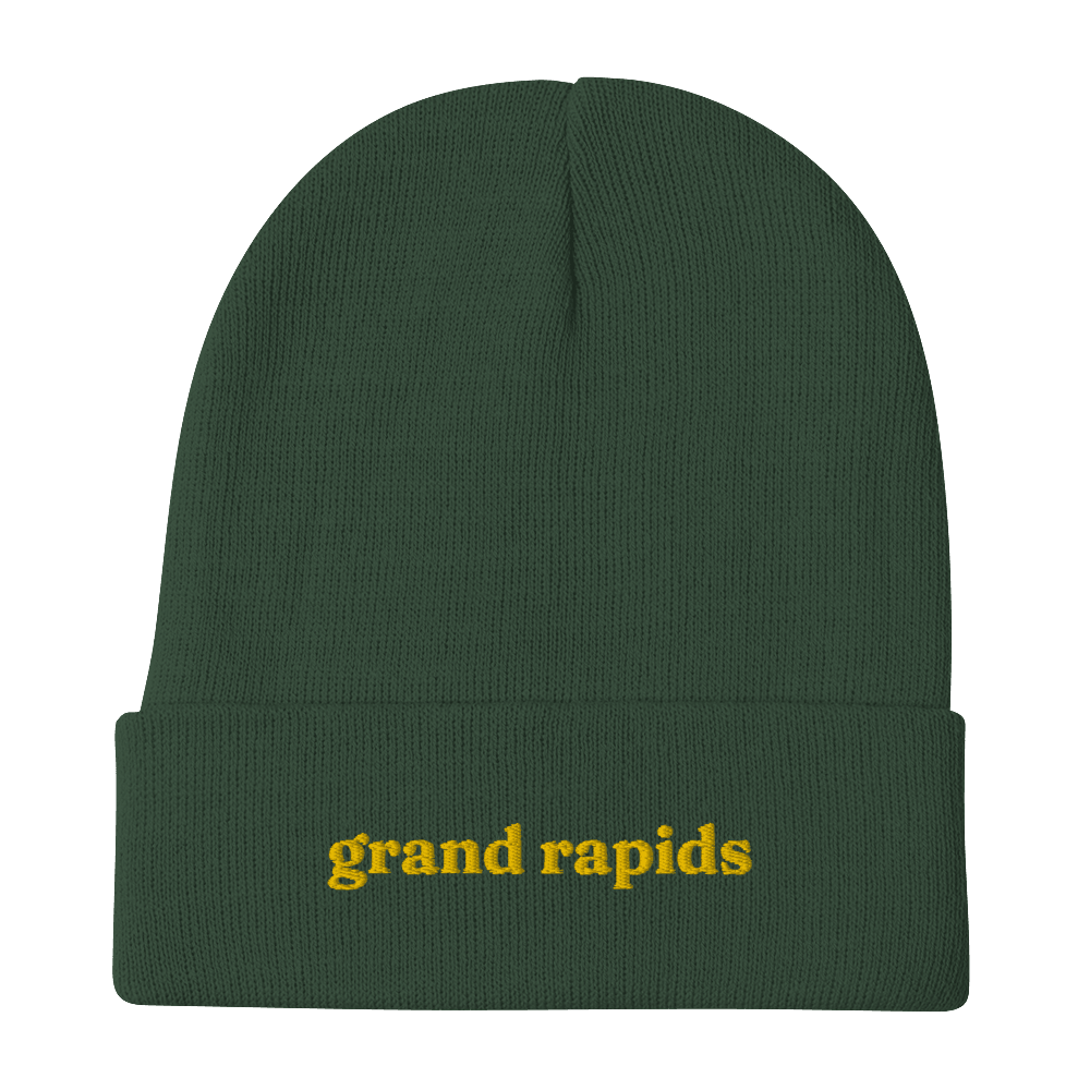 'Grand Rapids' Winter Beanie (Old Style Serif Font) | Gold Embroidery - Circumspice Michigan