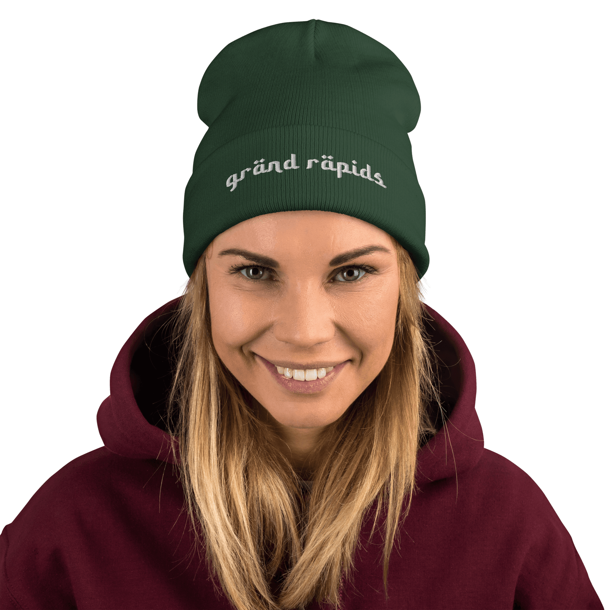 'Grand Rapids' Winter Beanie (Arabic Font) | Green Embroidery - Circumspice Michigan