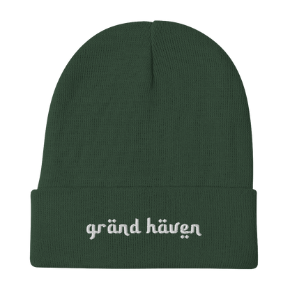 'Grand Haven' Winter Beanie (Arabic-Style Font) | White/Black Embroidery - Circumspice Michigan