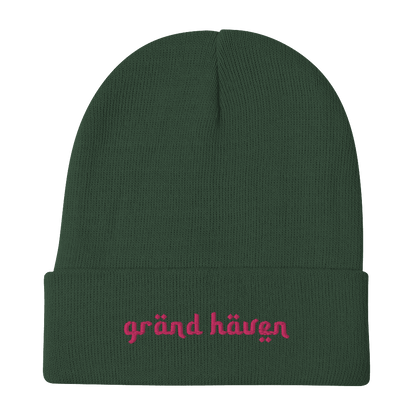 'Grand Haven' Winter Beanie (Arabic-Style Font) | Pink Embroidery - Circumspice Michigan