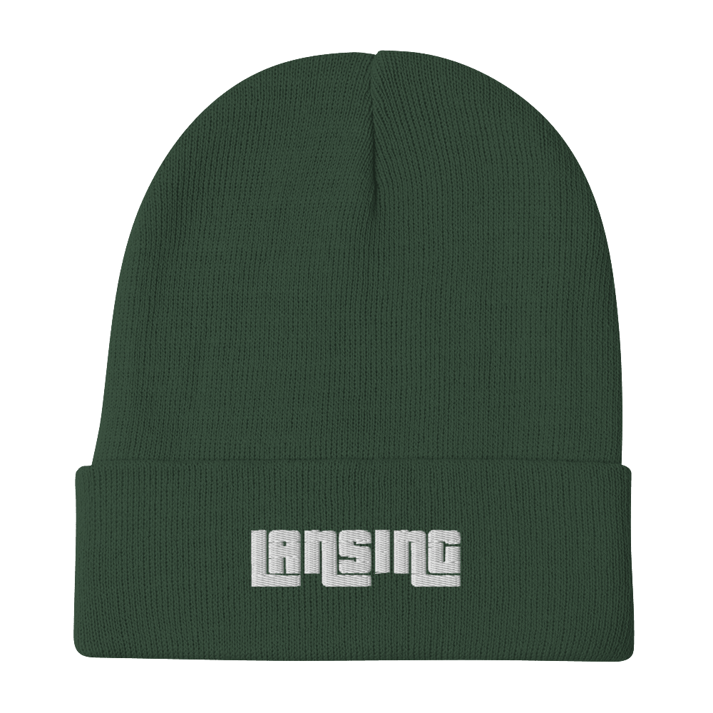 'Lansing' Winter Beanie (1970s Font) | White/Black Embroidery - Circumspice Michigan