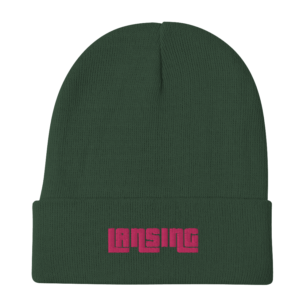 'Lansing' Winter Beanie (1970s Font) | Pink Embroidery - Circumspice Michigan