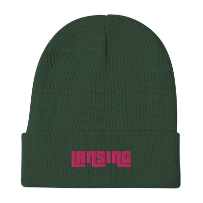 'Lansing' Winter Beanie (1970s Font) | Pink Embroidery - Circumspice Michigan