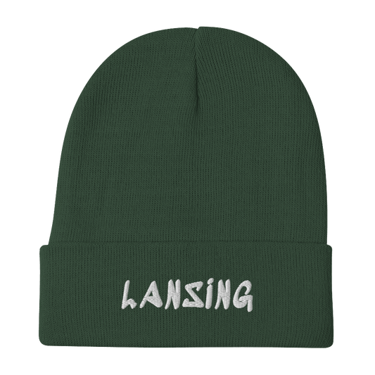 'Lansing' Winter Beanie (1980's Hip Hop Font) | White/Black Embroidery - Circumspice Michigan