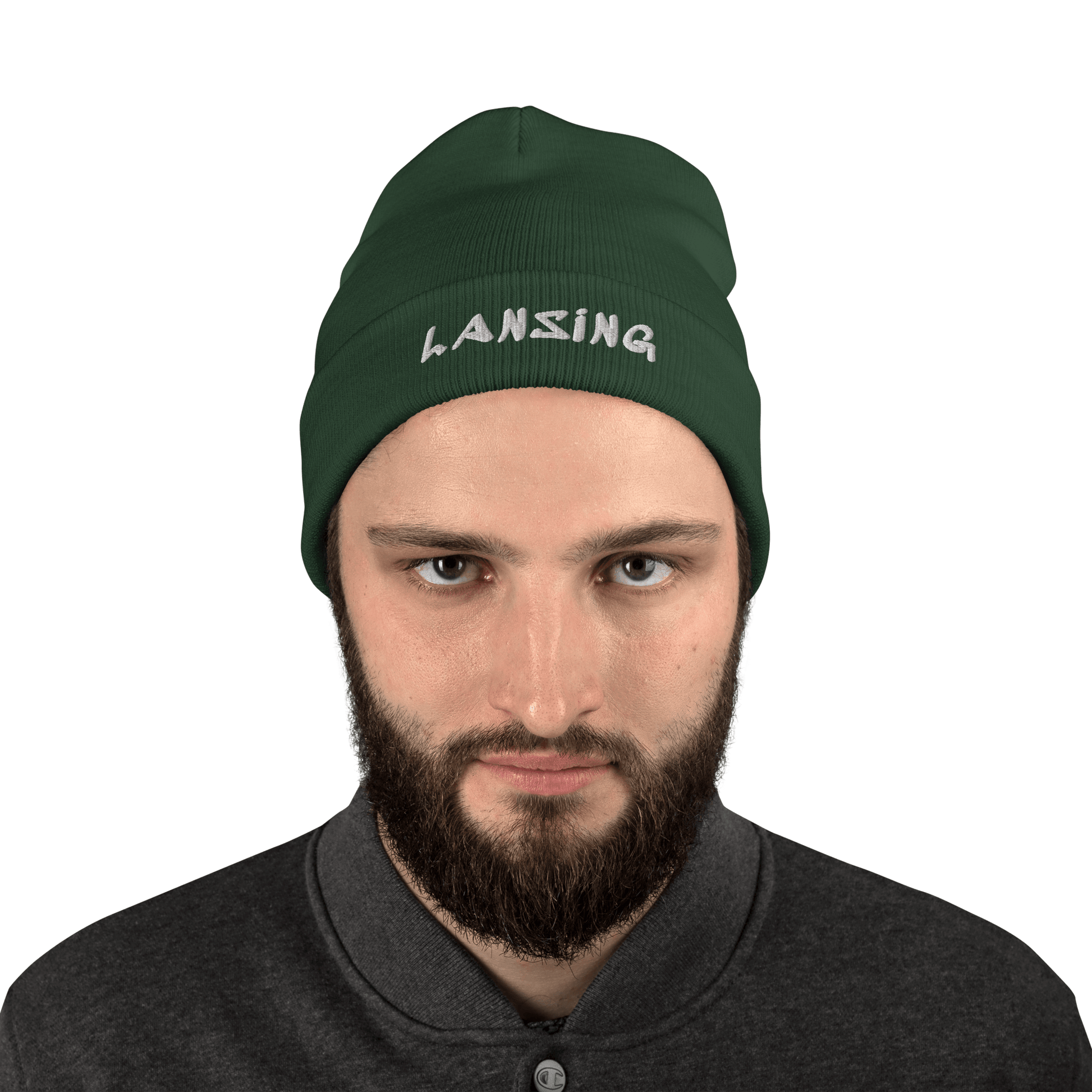 'Lansing' Winter Beanie (1980's Hip Hop Font) | White/Black Embroidery - Circumspice Michigan