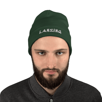 'Lansing' Winter Beanie (1980's Hip Hop Font) | White/Black Embroidery - Circumspice Michigan