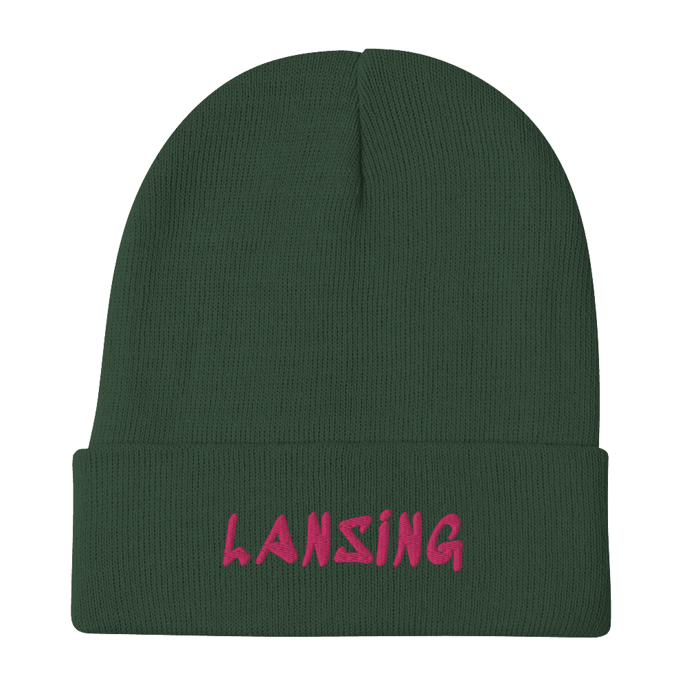 'Lansing' Winter Beanie (1980's Hip Hop Font) | Pink Embroidery - Circumspice Michigan