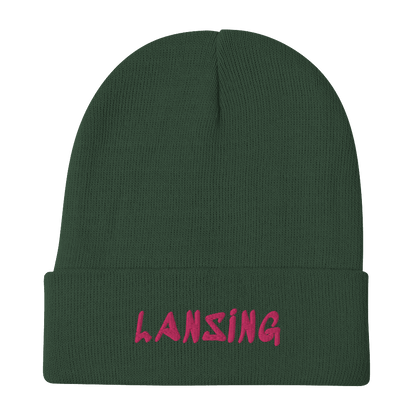 'Lansing' Winter Beanie (1980's Hip Hop Font) | Pink Embroidery - Circumspice Michigan