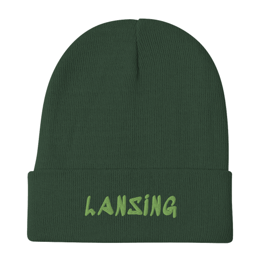 'Lansing' Winter Beanie (1980's Hip Hop Font) | Green Embroidery - Circumspice Michigan